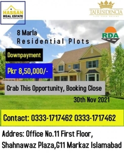 8 MARLA RESIDENTIAL PLOTS AVAILABLE FOR SALE IN TAJ-RESIDENCIA ISLAMABAD.