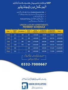 1807 SQ.FT,3 BED APARTMENT FOR SALE IN UNION LUXURY APARTMENTS LAHORE