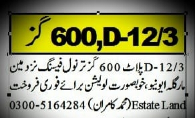 600 square yards  Plot Available for sale  D-12/3 Islamabad 