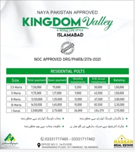 1 KANAL PLOT FOR SALE IN KINGDOM VALLEY ISLAMABAD ON EASY INSTALLMENTS.